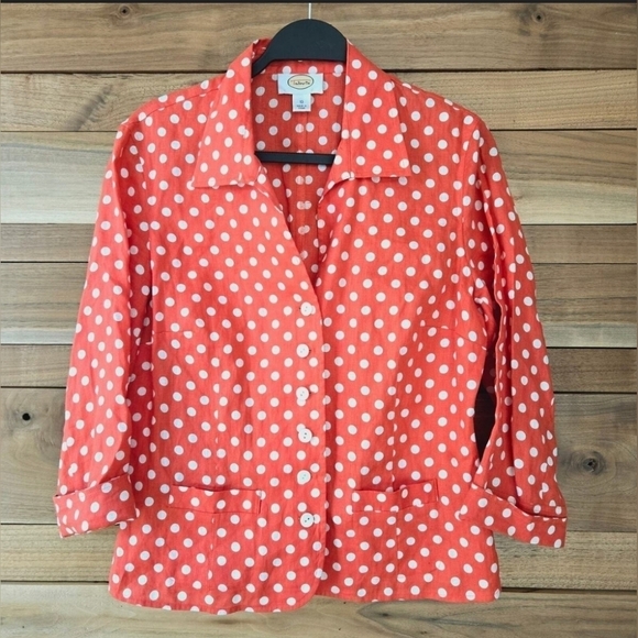 Talbots Retro Red and White Polka Dot Linen Button Down Blouse Linen Blazer 12 - Picture 1 of 8